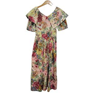 Vintage Misty Lane Floral Midi Dress Womens 3/4 Bloomcore Cottagecore Fairy 80s